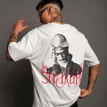 Erkek Baskılı T-Shirt Oversize Kısa kol Bisiklet yaka tişort - Beyaz